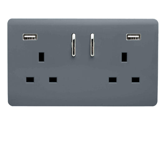 Trendi 2 Gang Artistic Modern Glossy 13 Amp 2 x 3.1mA USB Switched Plug Socket Warm Grey
