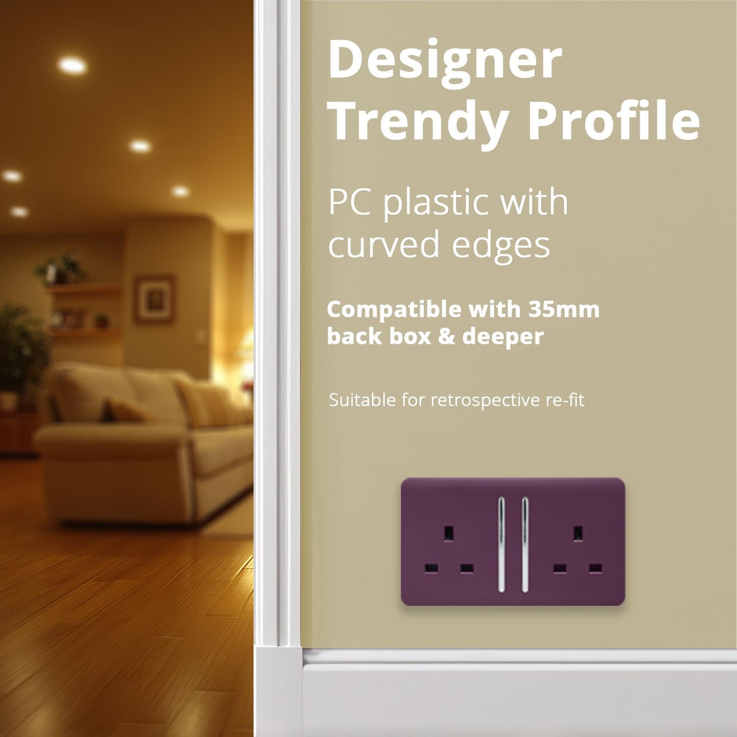 Trendi 2 Gang Artistic Modern Glossy 13 Amp Switched Tactile Plug Socket Plum