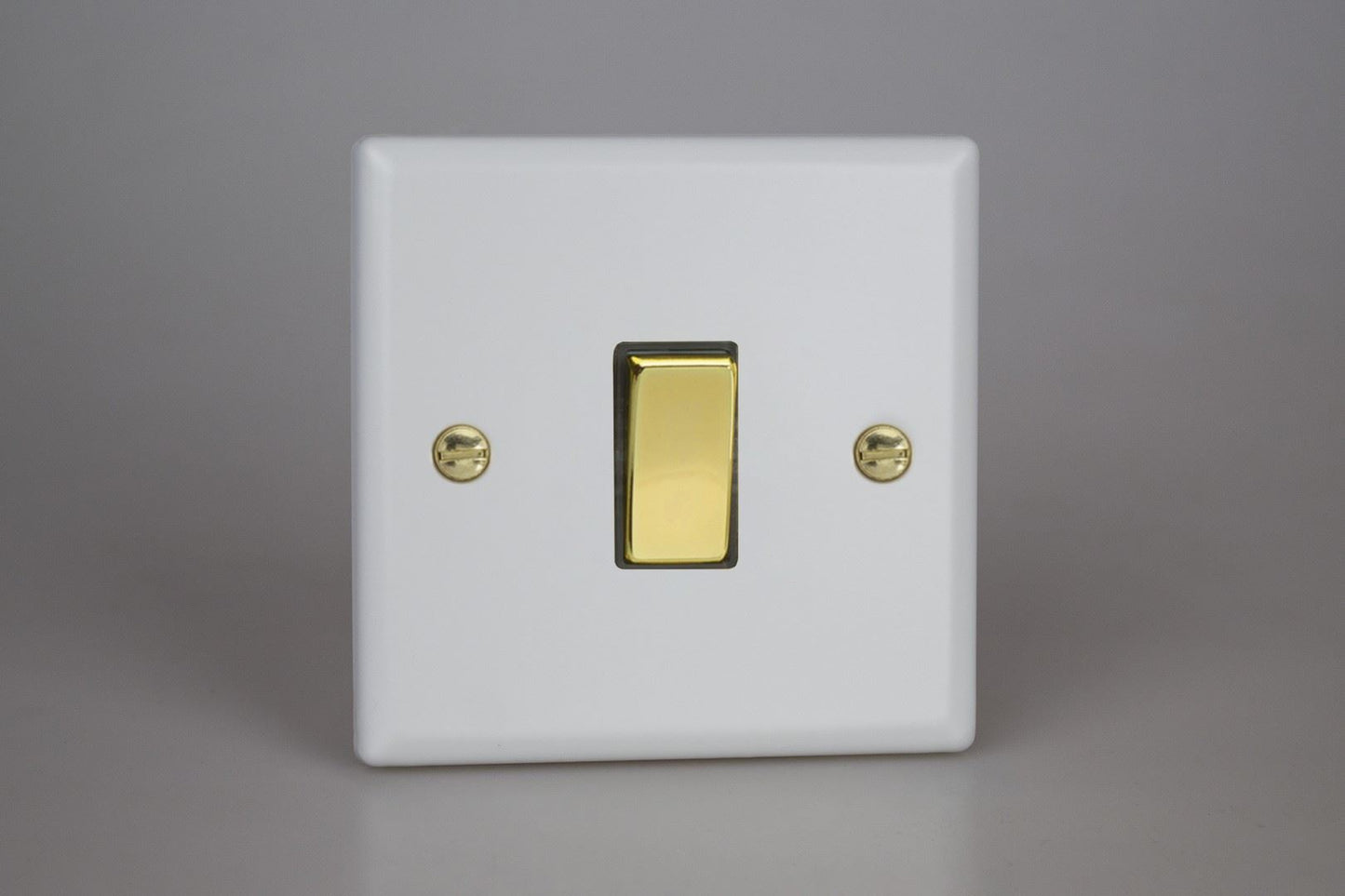 Varilight 1-Gang 20A Double Pole Rocker Switch in Vogue Matt White w/ Polished Brass