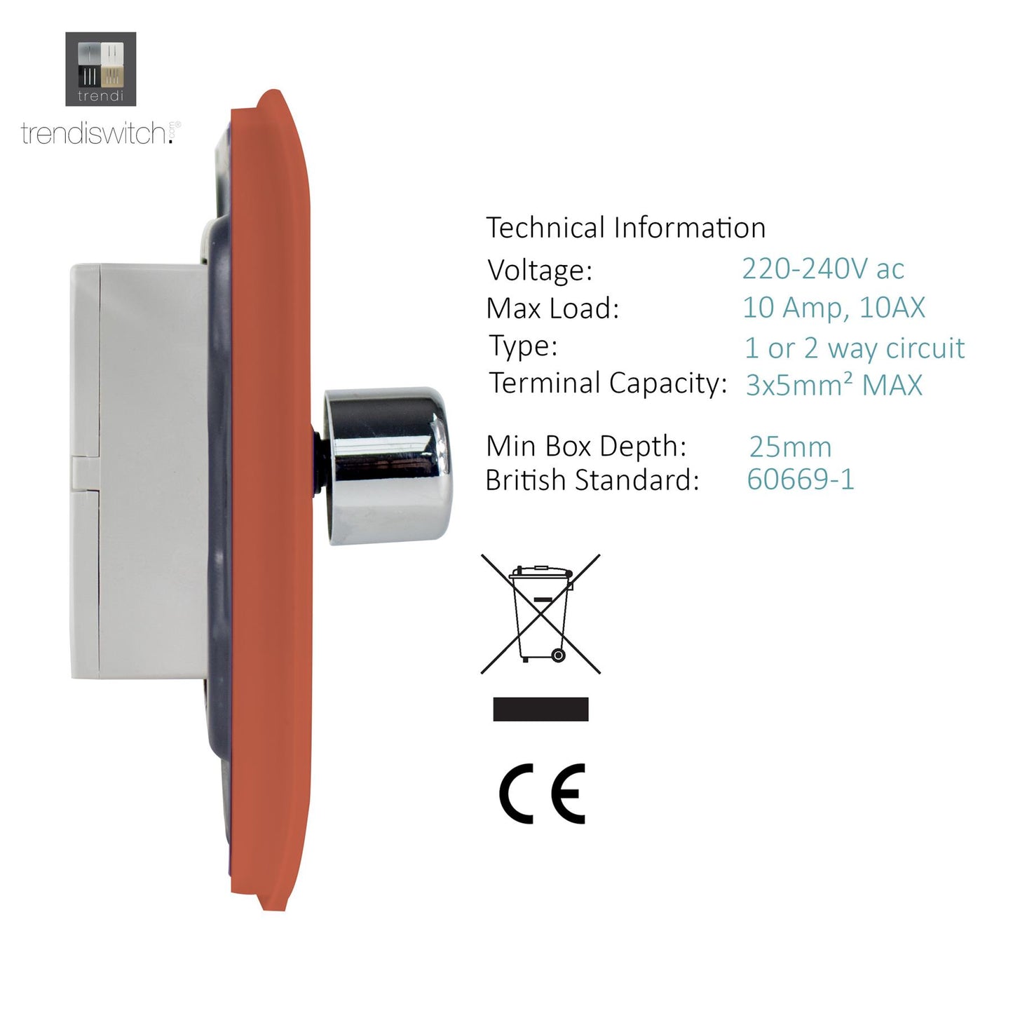 Trendi Artistic Modern Glossy Tactile 2 Gang 2 Way 150w  LED Dimmer switch Copper
