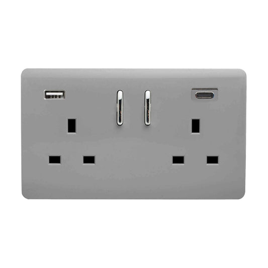 Trendi 2 Gang Artistic Modern Glossy 13 Amp 2 x Type A & C 3.1A USB Switched Plug Socket Light Grey