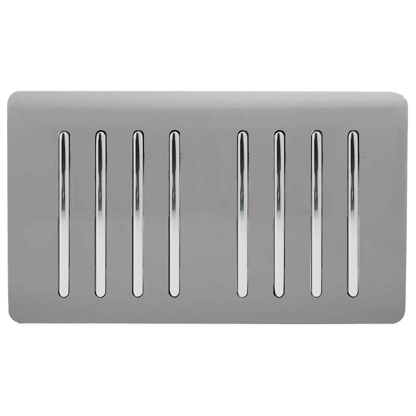 Trendi 8 Gang 2 way 240V Screwless Raised Front Twin Plate Plastic Artistic Modern Glossy 10 Amp Chrome Rocker Quad Electrical Wall Light Switch in Light Grey - ART-SS88LG