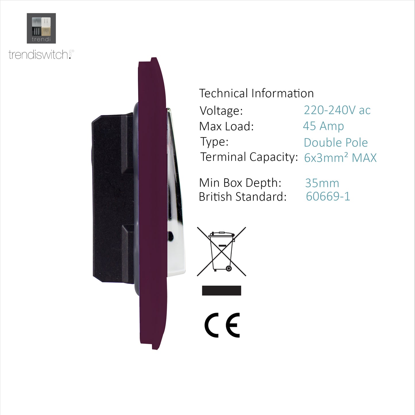 Trendi Artistic Modern Glossy 45 A Tactile Light Switch & Neon Insert Plum