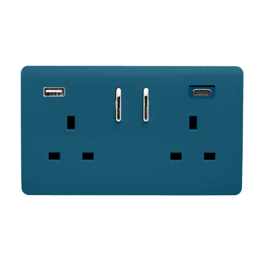 Trendi 2 Gang Artistic Modern Glossy 13 Amp 2 x Type A & C 3.1A USB Switched Plug Socket Ocean Blue