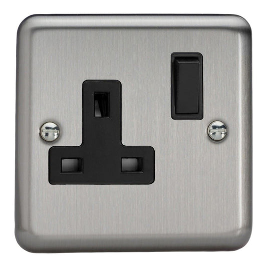 Varilight 1 Gang 13 Amp Switched Electrical Plug Socket Brushed Matt Chrome Black Insert XS4B