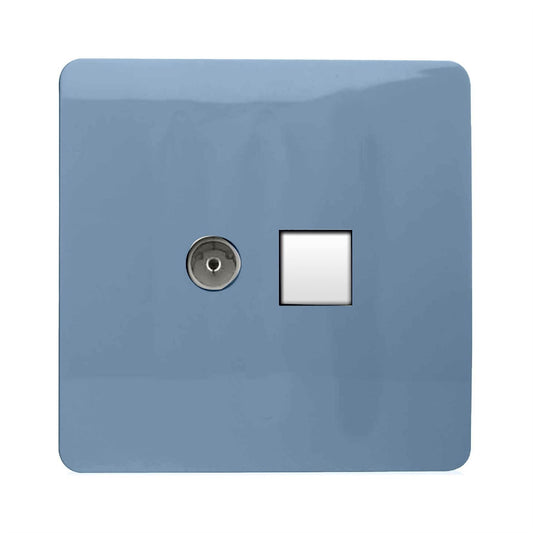Trendi Switch 2 Gang Female TV Co-Axial & RJ45 Cat 6 Modern Designer PC Ethernet Sockets in Sky
