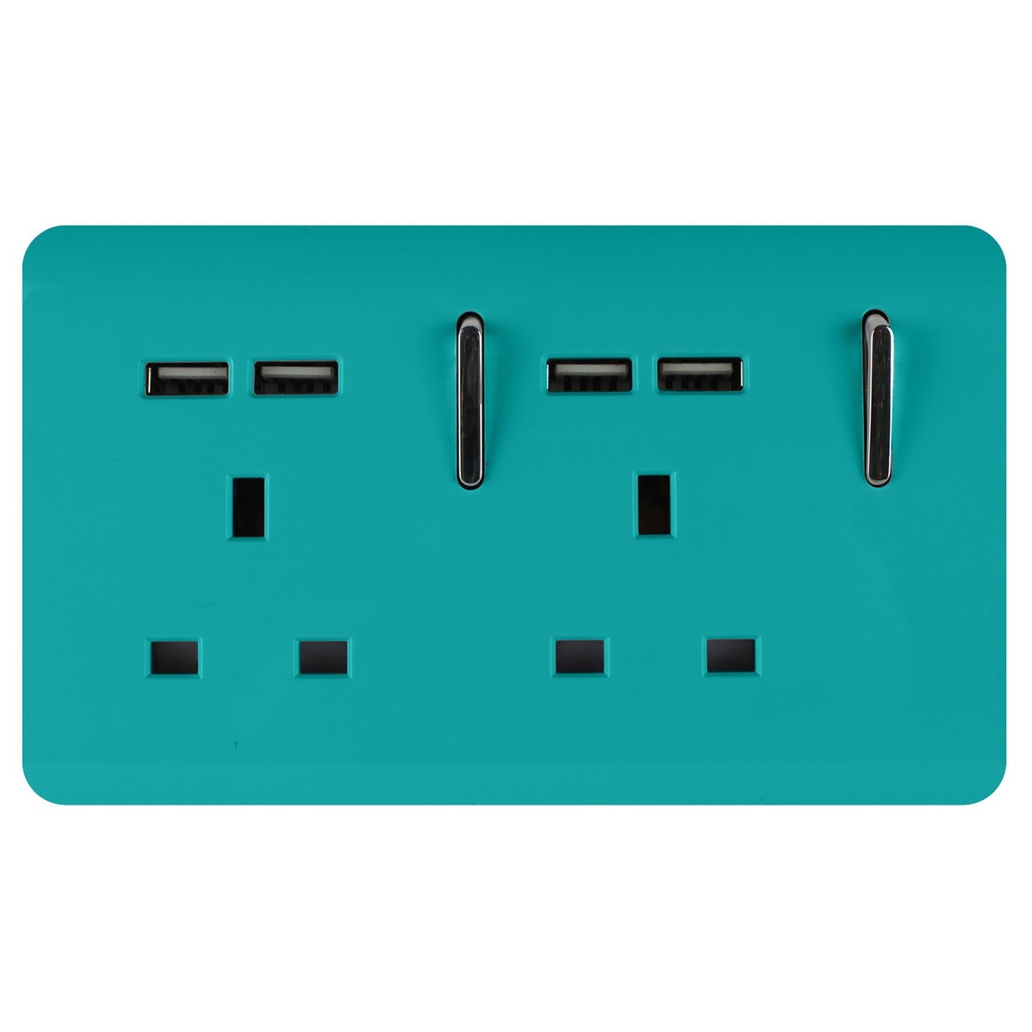 Trendi 2 Gang Artistic Modern Glossy 13 Amp 4x2.1mA USB Switched Tactile Plug Socket Bright Teal