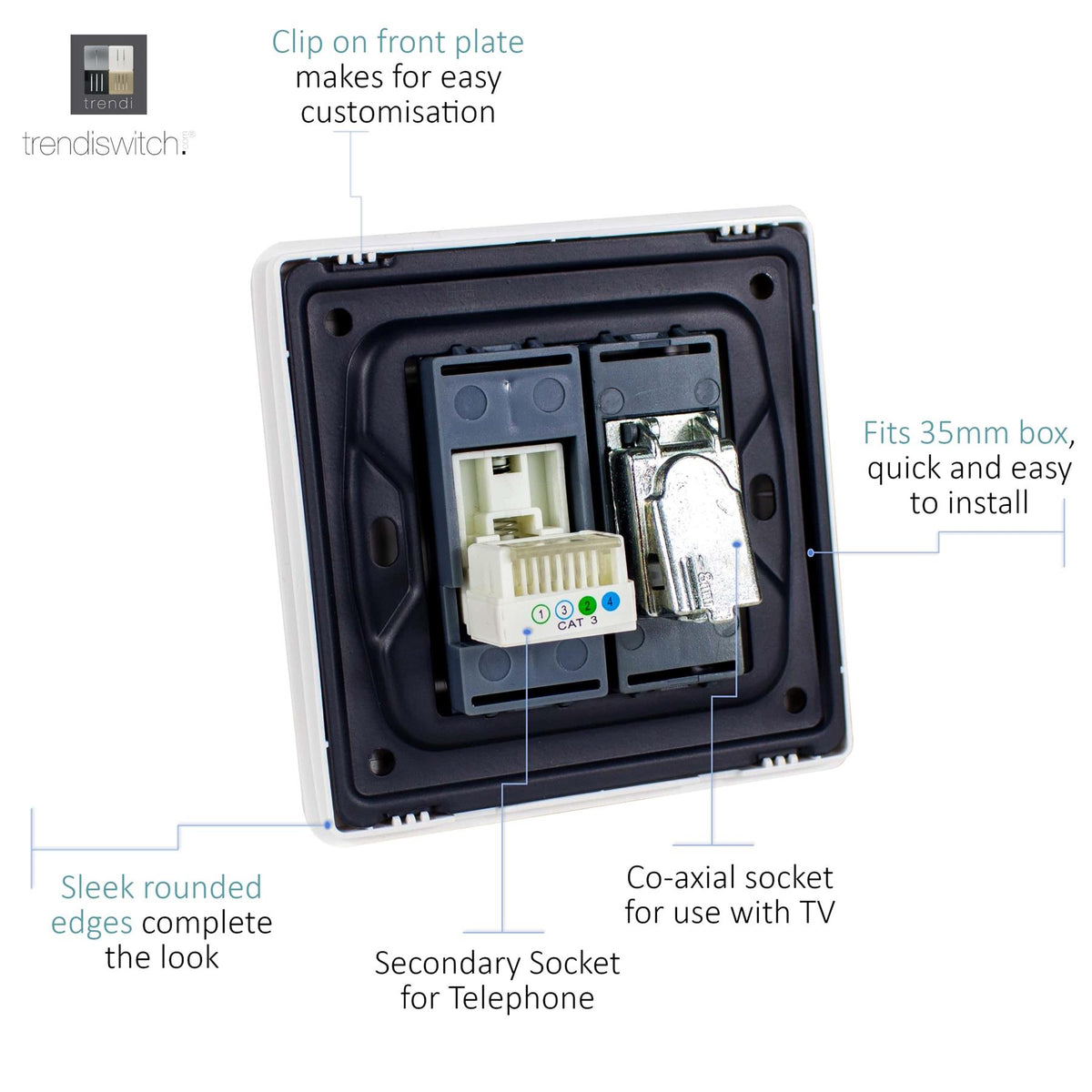 Trendi Trendi TV Co-axial Socket + Telephone Socket Matt Black Soft Touch ...