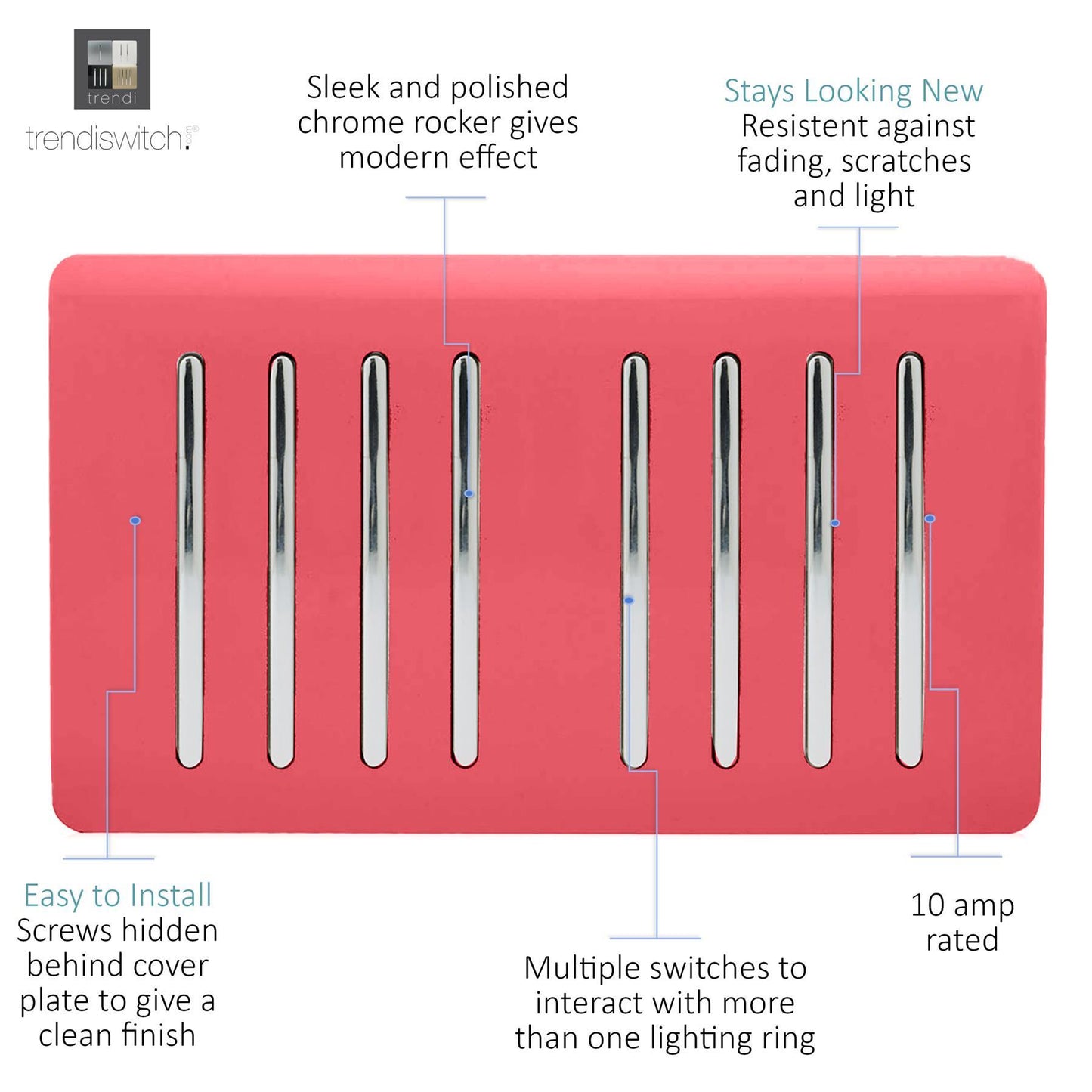 Trendi Artistic Modern Glossy 8 Gang 2 Way Rocker  Double Plate Tactile Light Switch Strawberry