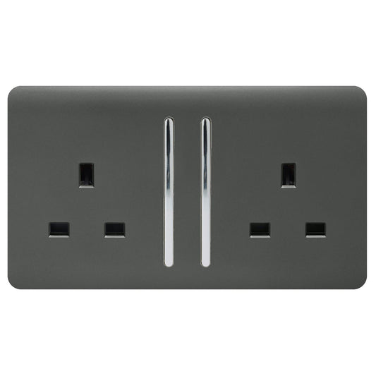 Trendi 2 Gang Artistic Modern Glossy 13 Amp Switched Tactile Plug Socket Charcoal
