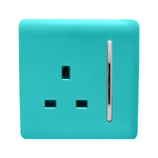 Trendi 1 Gang Raised Artistic Modern Glossy Screwless 13 Amp Single Pole with Chrome Switched UK Standard Electrical Double Wall Plug Socket in Bright Teal in ART-SKT13BT