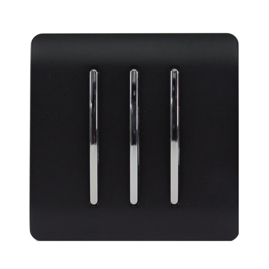 Trendi 3 Gang 2 way 240V Screwless Raised Front Plate Plastic Artistic Modern Glossy 10 Amp Chrome Rocker Triple Electrical Wall Light Switch in Matt Black