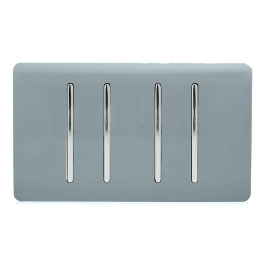 Trendi 4 Gang 2 way 240V Screwless Raised Front Twin Plate Plastic Artistic Modern Glossy 10 Amp Chrome Rocker Quad Electrical Wall Light Switch in Cool Grey - ART-SS44CG