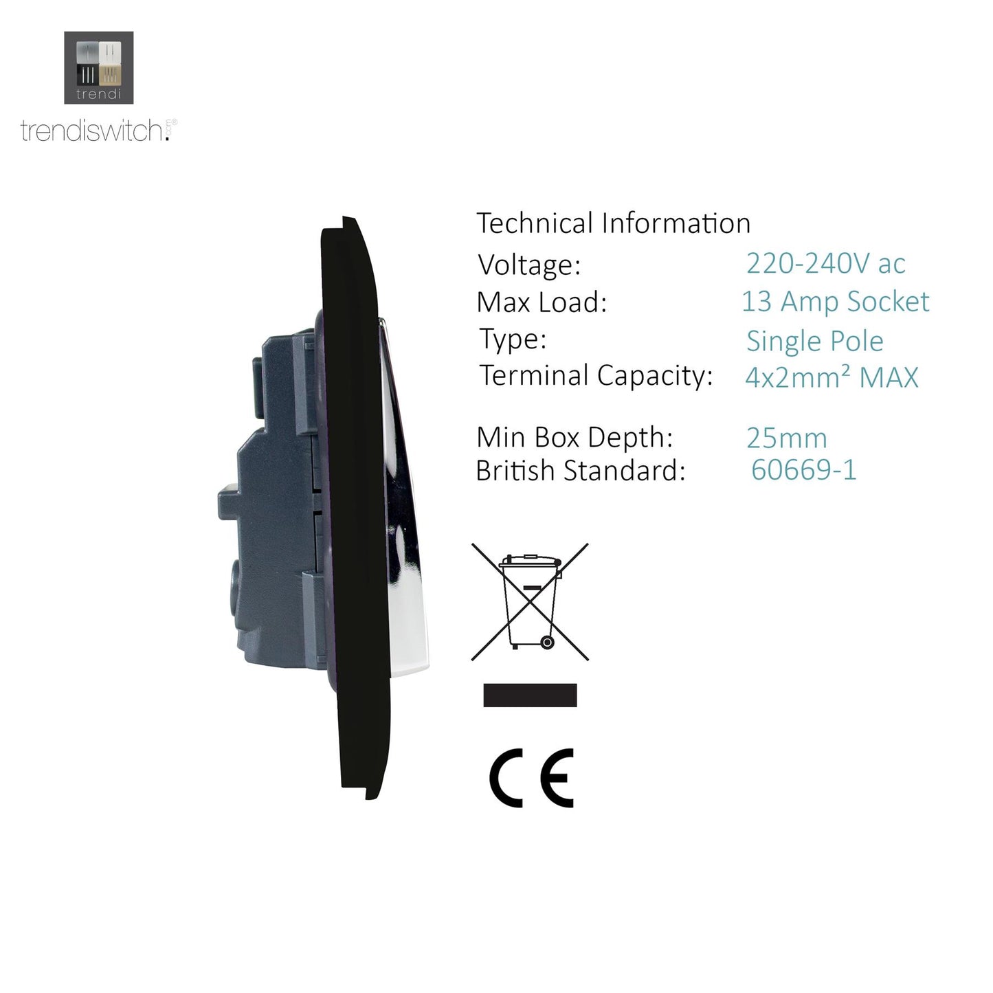 Trendi Switch 2 Gang Long Switched Modern Designer Plug Socket in Carbon Fibre