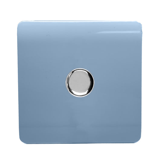 Trendi 1 Gang 2 Way 240V 150w LED Dimmer Screwless Raised Front Plate Plastic Artistic Modern Glossy 10 Amp Chrome Single Electrical Wall Light Switch in Sky Blue - ART-LDMSK