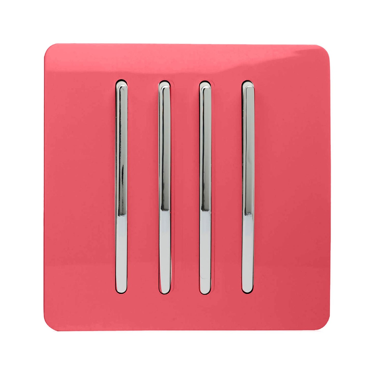 Trendi 4 Gang 2 way 240V Screwless Raised Front Plate Plastic Artistic Modern Glossy 10 Amp Chrome Rocker Quad Electrical Wall Light Switch in Strawberry Red