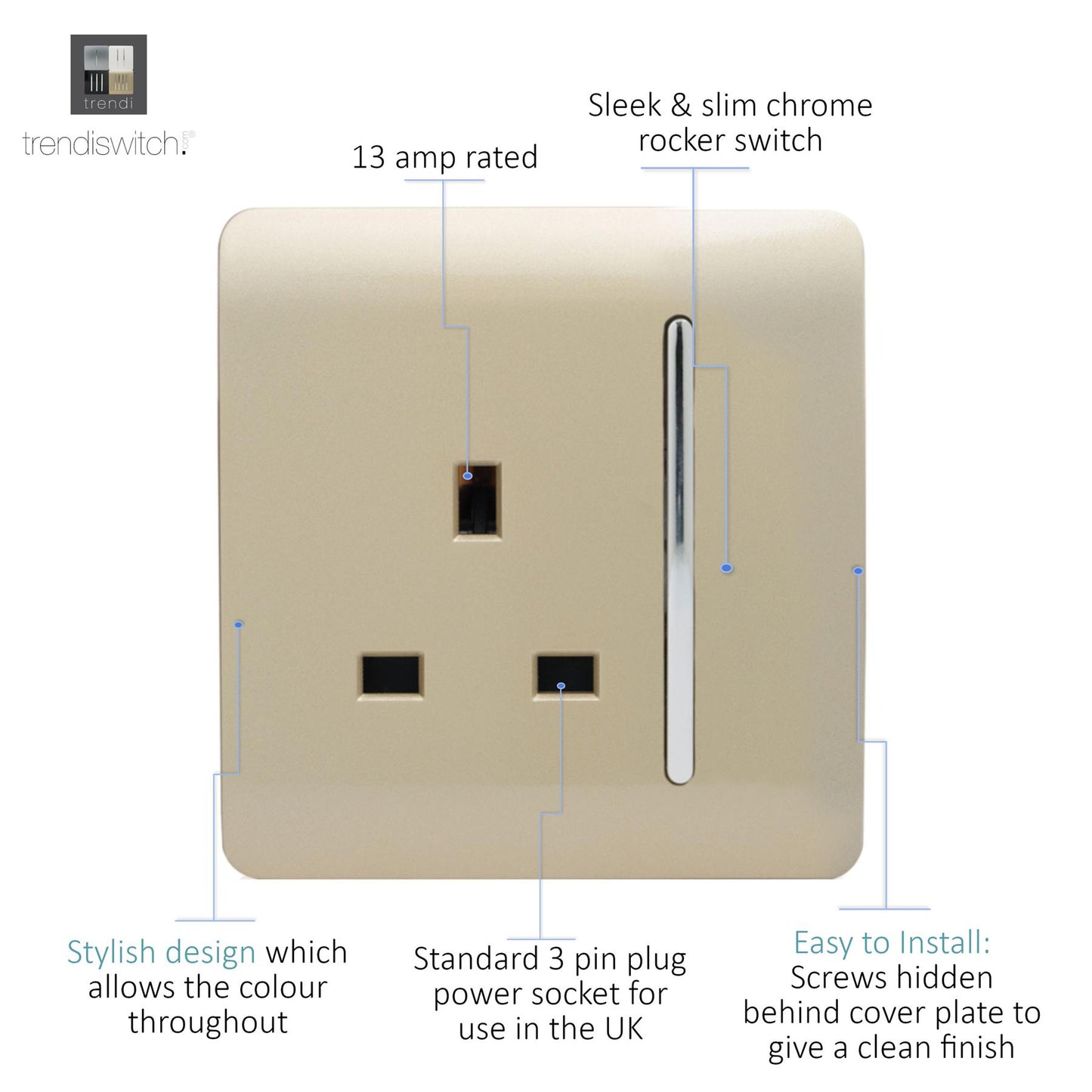 Trendi 1 Gang Artistic Modern 13 Amp Switched Plug Socket Gold ART-SKT13GO