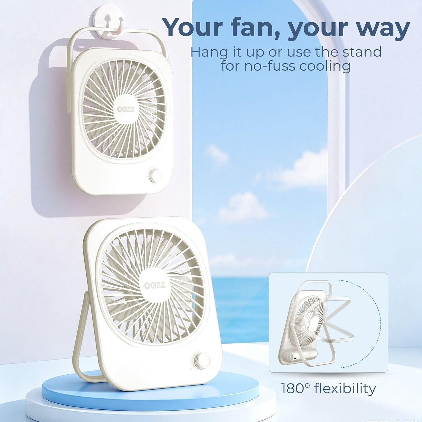 OOZZ Ultrathin Desktop Fan, Portable Slim Personal Fan with Adjustable stand, Stepless Speed Control Knob, USB-C Rechargeable Battery, Quiet Cooling for Office & Travel, OZ-4121 (White)