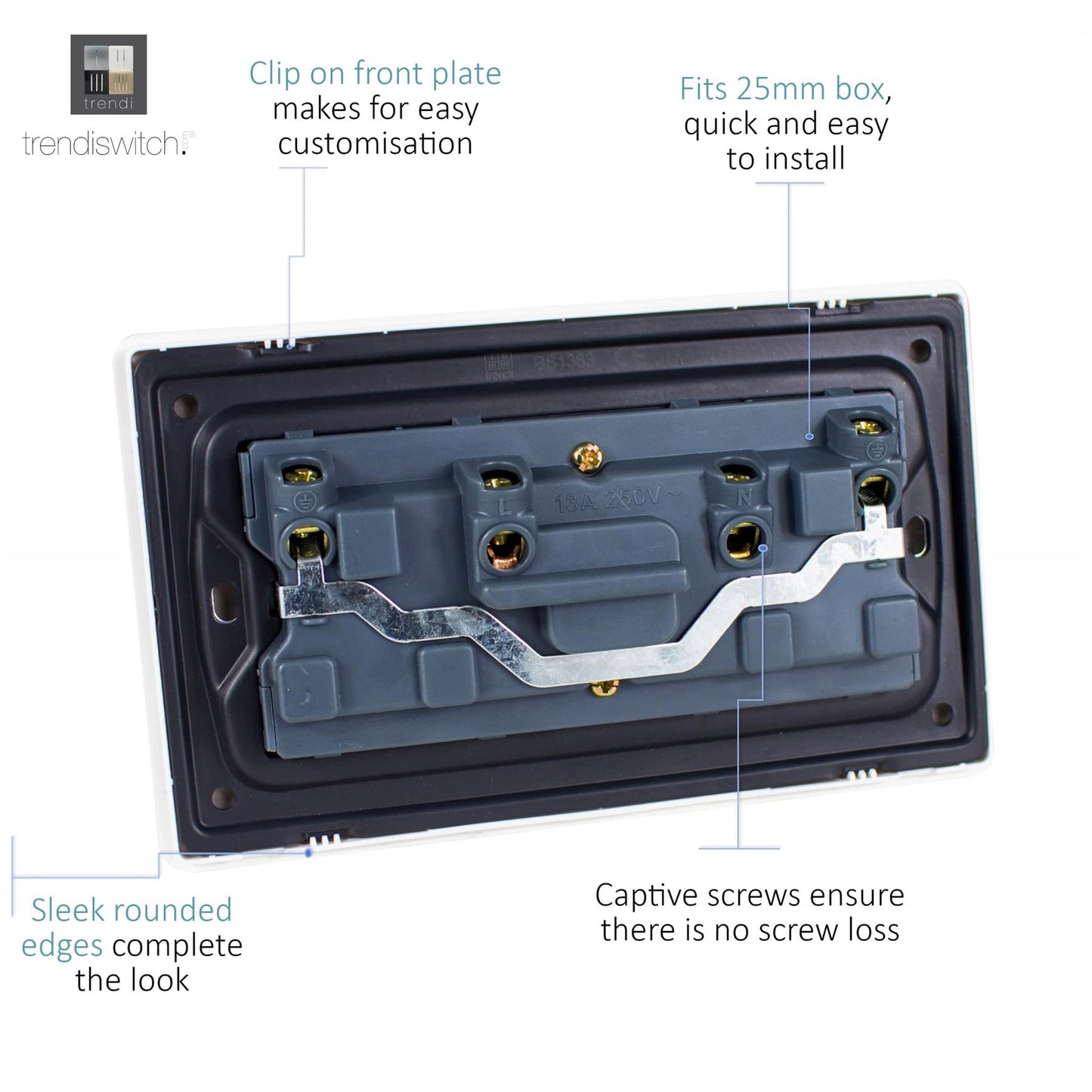 Trendi Switch 2 Gang Long Switched Modern Designer Plug Socket in Carbon Fibre