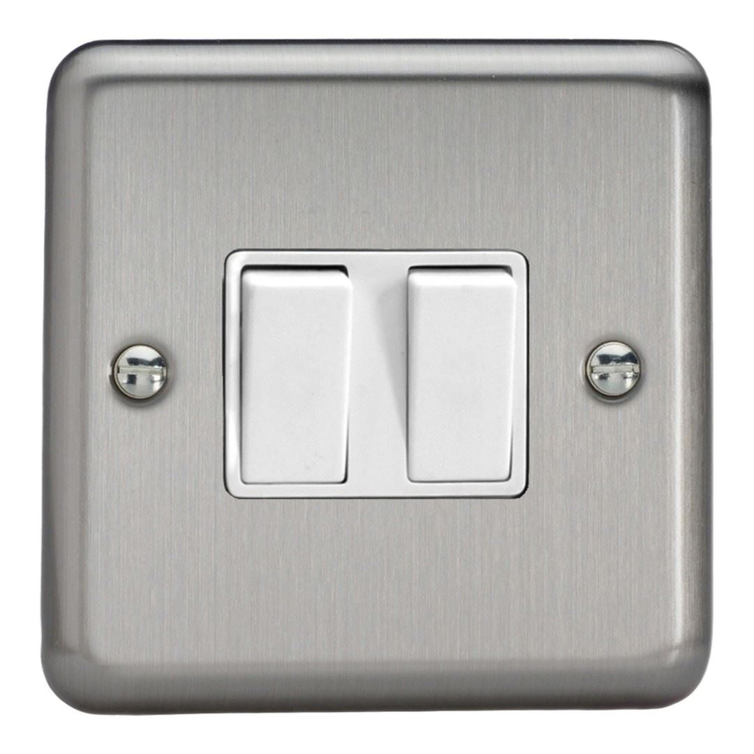 Varilight 2 Gang 2 Way 10A Rocker Light Switch Brushed Matt Chrome White Insert XS2W