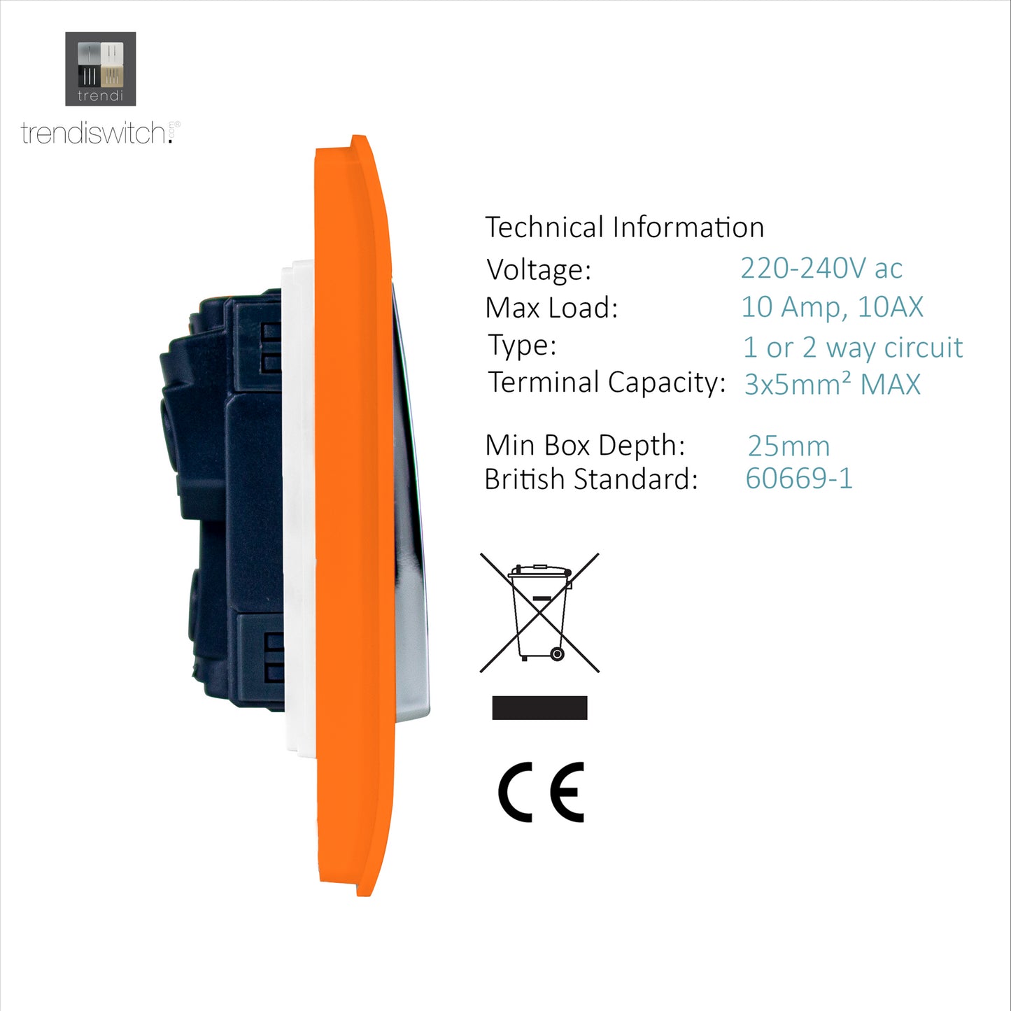 Trendi 3 Gang 2 Way Artistic Modern Glossy 10 Amp Rocker Tactile Light Switch Orange