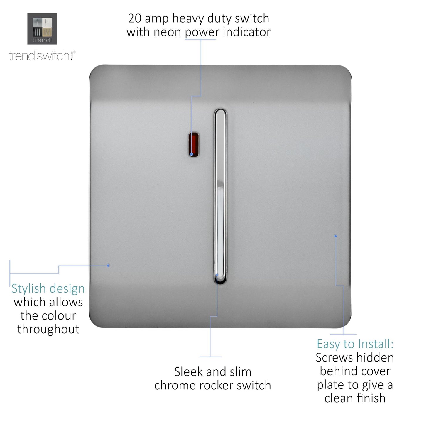 Trendi Artistic Modern Glossy 20 A Tactile Light Switch & Neon Insert Stainless Steel