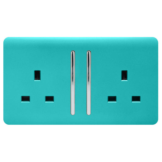 Trendi 2 Gang Artistic Modern Glossy 13 Amp Switched Tactile Plug Socket Bright Teal