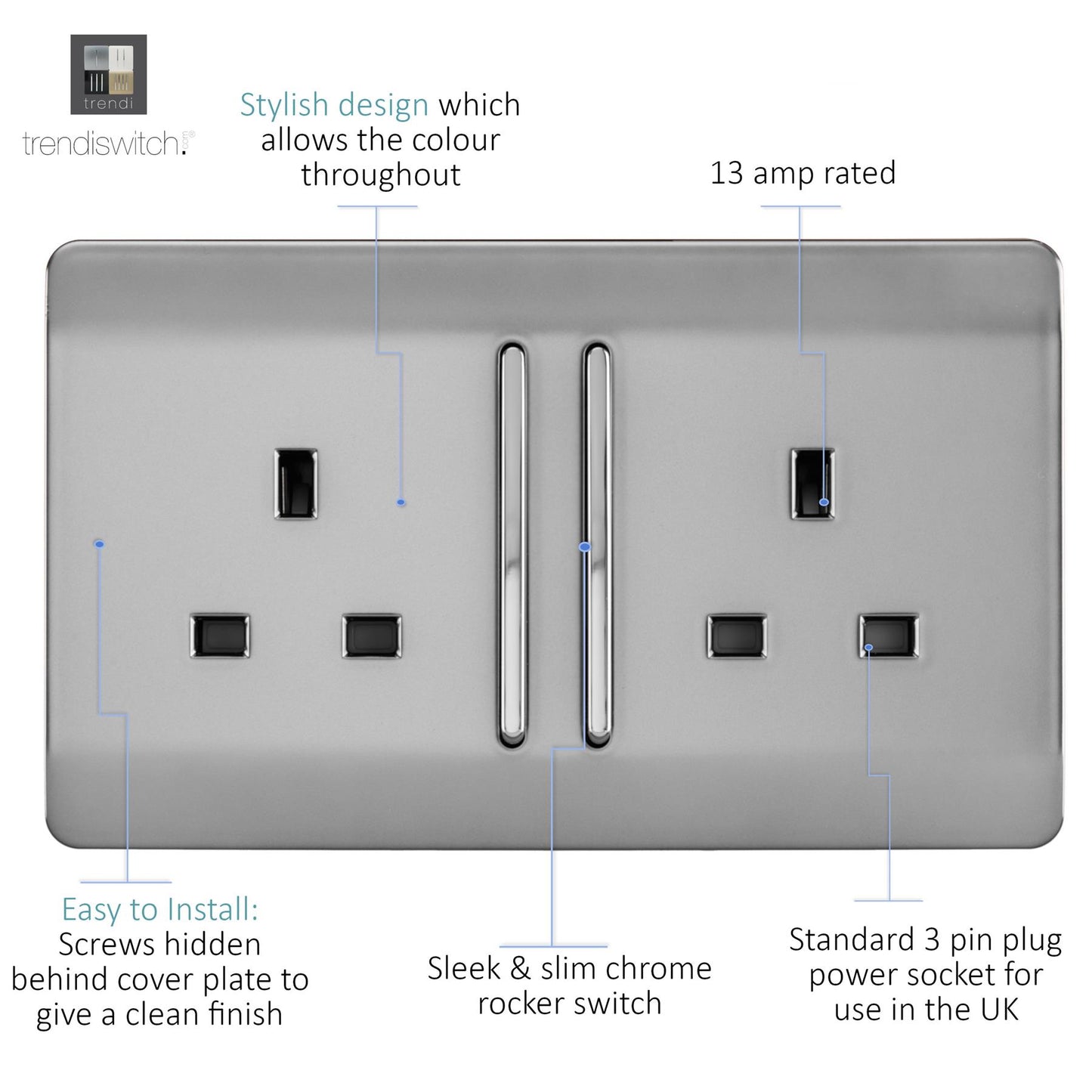 Trendi 2 Gang Artistic Modern Glossy 13 Amp Long Switched Tactile Plug Socket Stainless Steel
