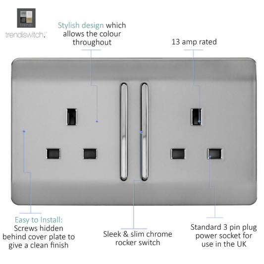 Trendi 2 Gang Raised Artistic Modern Glossy Screwless 13 Amp Single Pole with Chrome Switched UK Standard Electrical Double Wall Plug Socket in Brushed Steel - ART-SKT213LBS