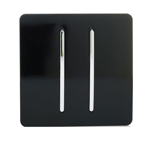Trendi 2 Gang (2 Way & 3 way Intermediate) 240V Screwless Raised Front Plate Plastic Artistic Modern Glossy 10 Amp Chrome Rocker Double Electrical Wall Light Switch Piano Black - ART-SS29BK