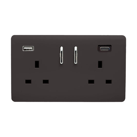 Trendi 2 Gang Artistic Modern Glossy 13 Amp 2 x Type A & C 3.1A USB Switched Plug Socket Dark Mocha Brown