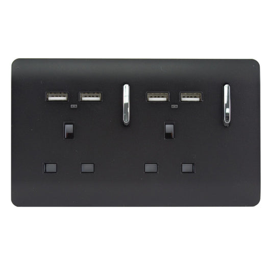 Trendi 2 Gang Artistic Modern Glossy Screwless Raised 13 Amp 240v Short 4 USB Type A Charging Points Double Chrome Switched Electrical Wall Plug Socket in Matt Black