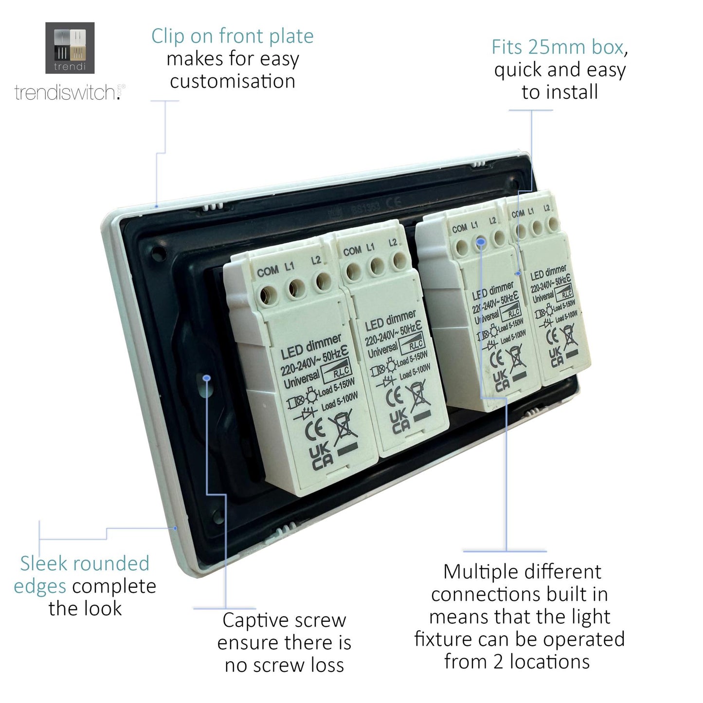 Trendi 4 Gang 2 Way 240V 100w LED Dimmer Screwless Raised Front Plate Plastic Artistic Modern Glossy 10 Amp Chrome Single Electrical Wall Light Switch in Copper - ART-4LDMCPR