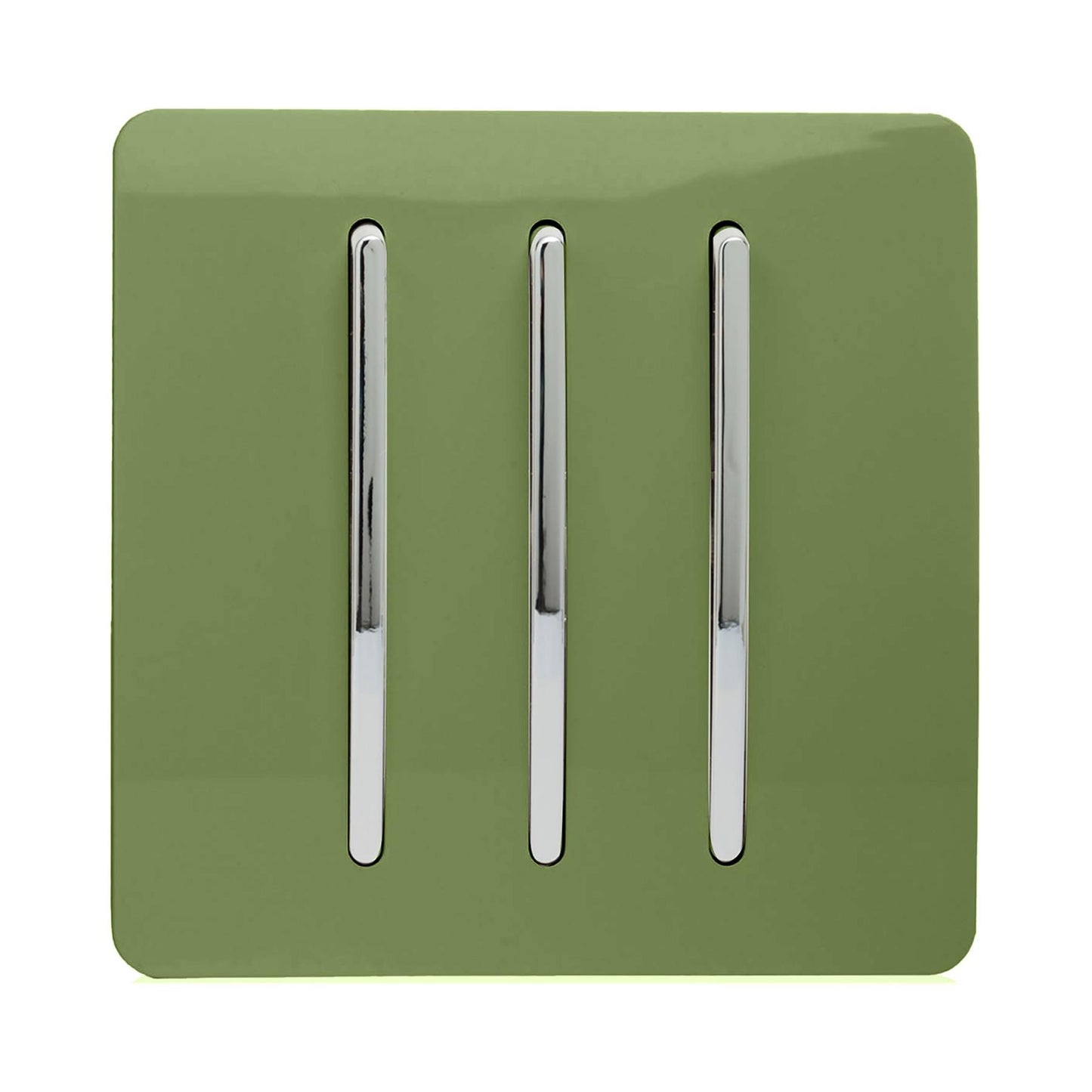 Trendi 3 Gang 2 way 240V Screwless Raised Front Plate Plastic Artistic Modern Glossy 10 Amp Chrome Rocker Triple Electrical Wall Light Switch in Moss Green