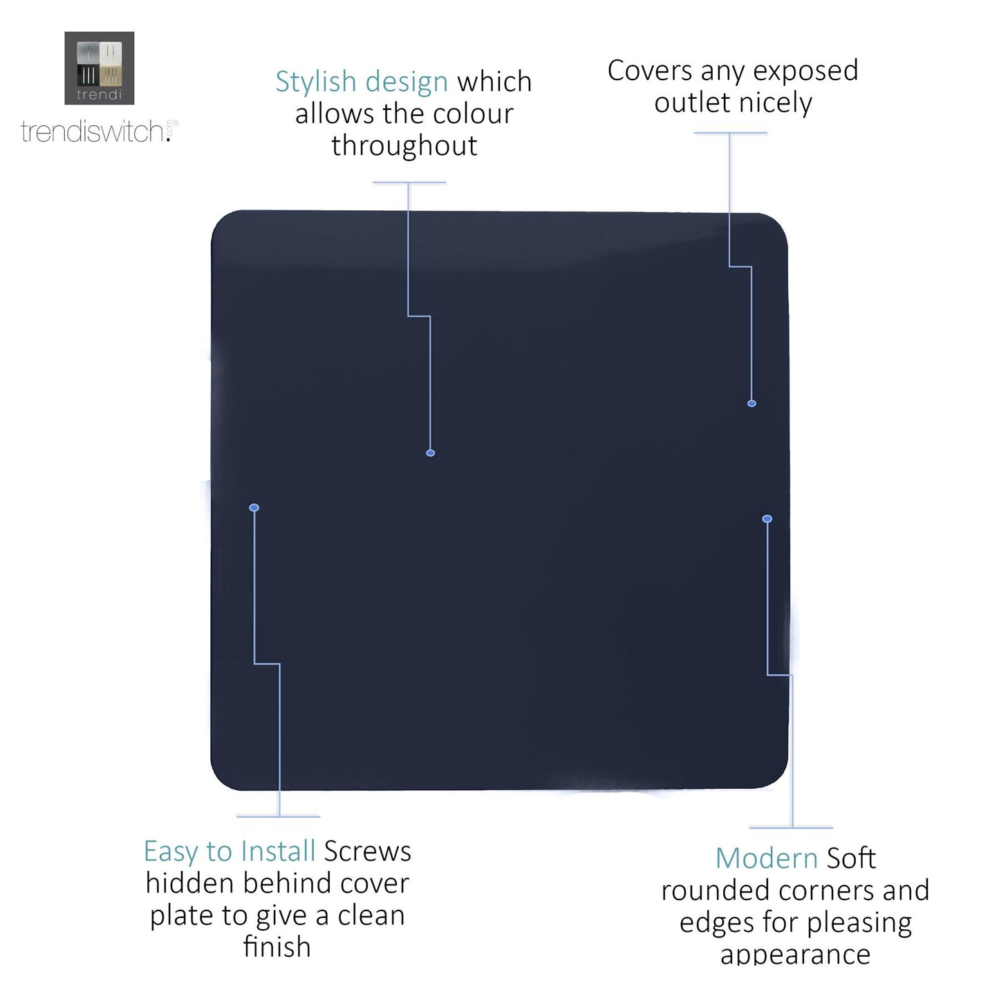 Trendi Switch Artistic Modern Glossy Decorative Screwless Standard Single Wall Blanking Plate for Electrical Sockets, Outlet with Screws in Navy Blue - ART-BLKNV