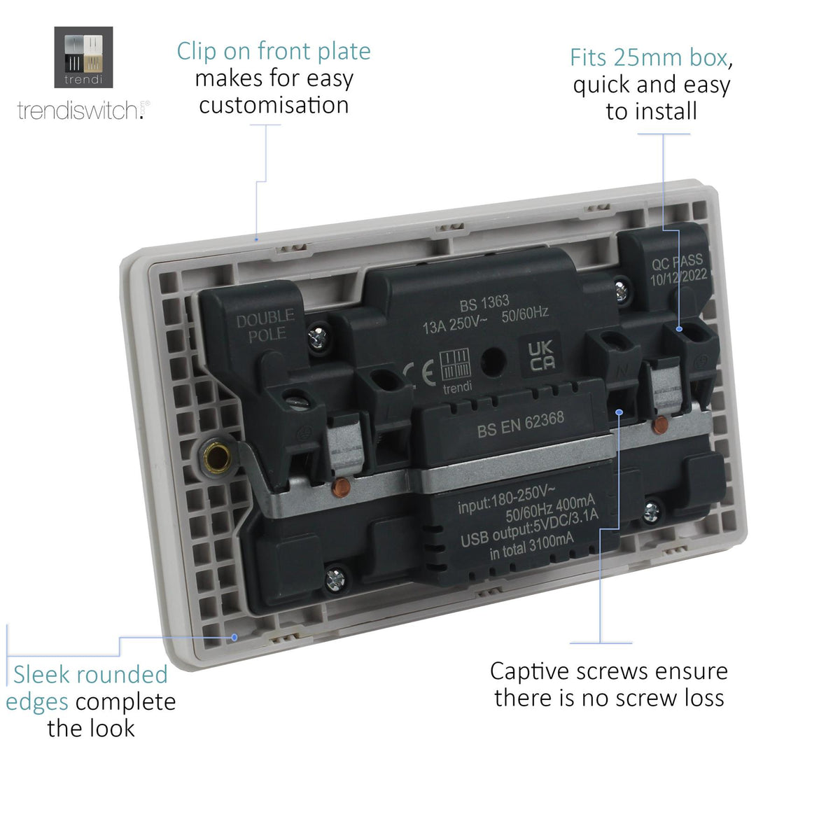 Trendi Trendi Switch 2 Gang Type A & C USB 3100mA Modern Designer Plug Socket ...