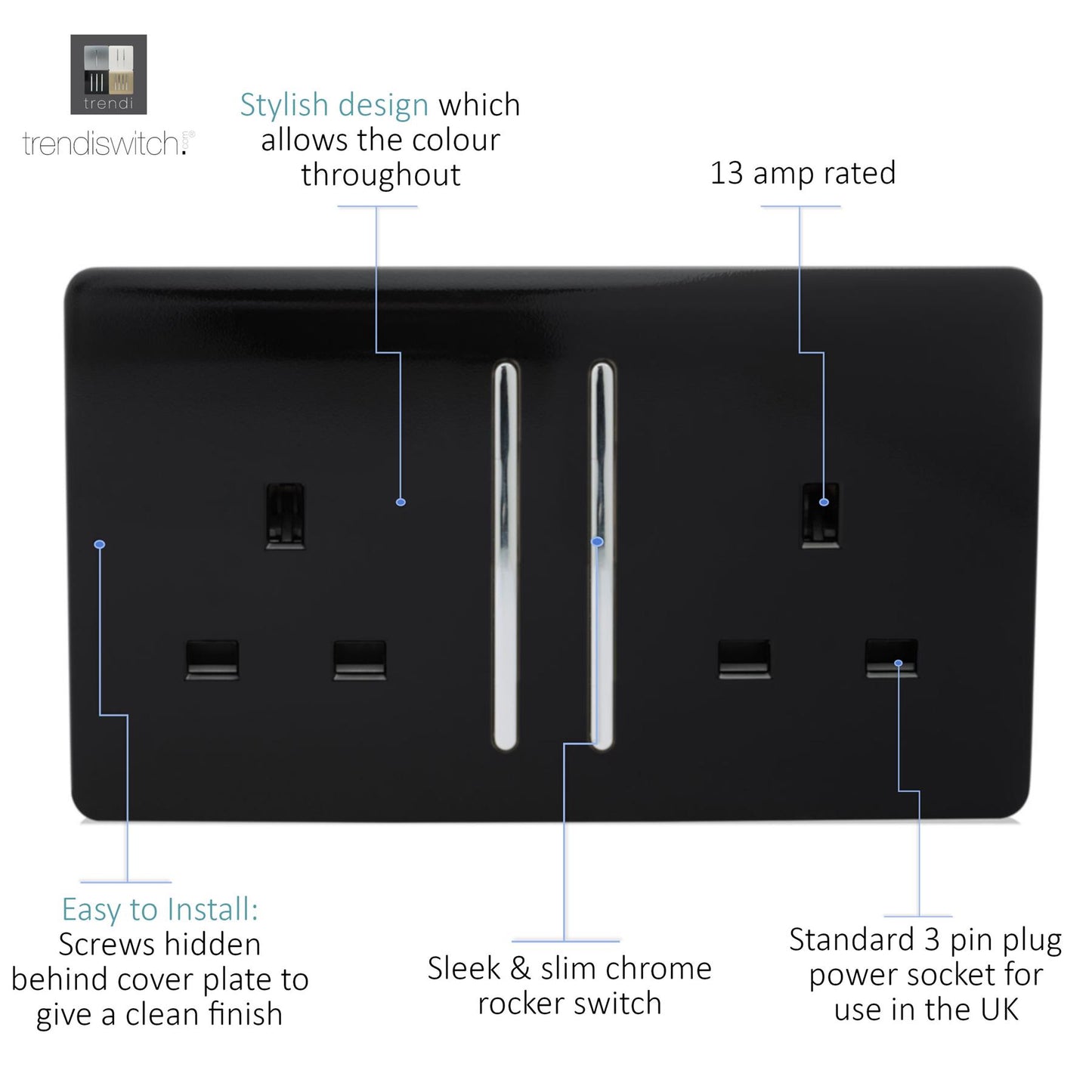 Trendi 2 Gang Artistic Modern 13 Amp Switched Plug Socket Black ART-SKT213LBK