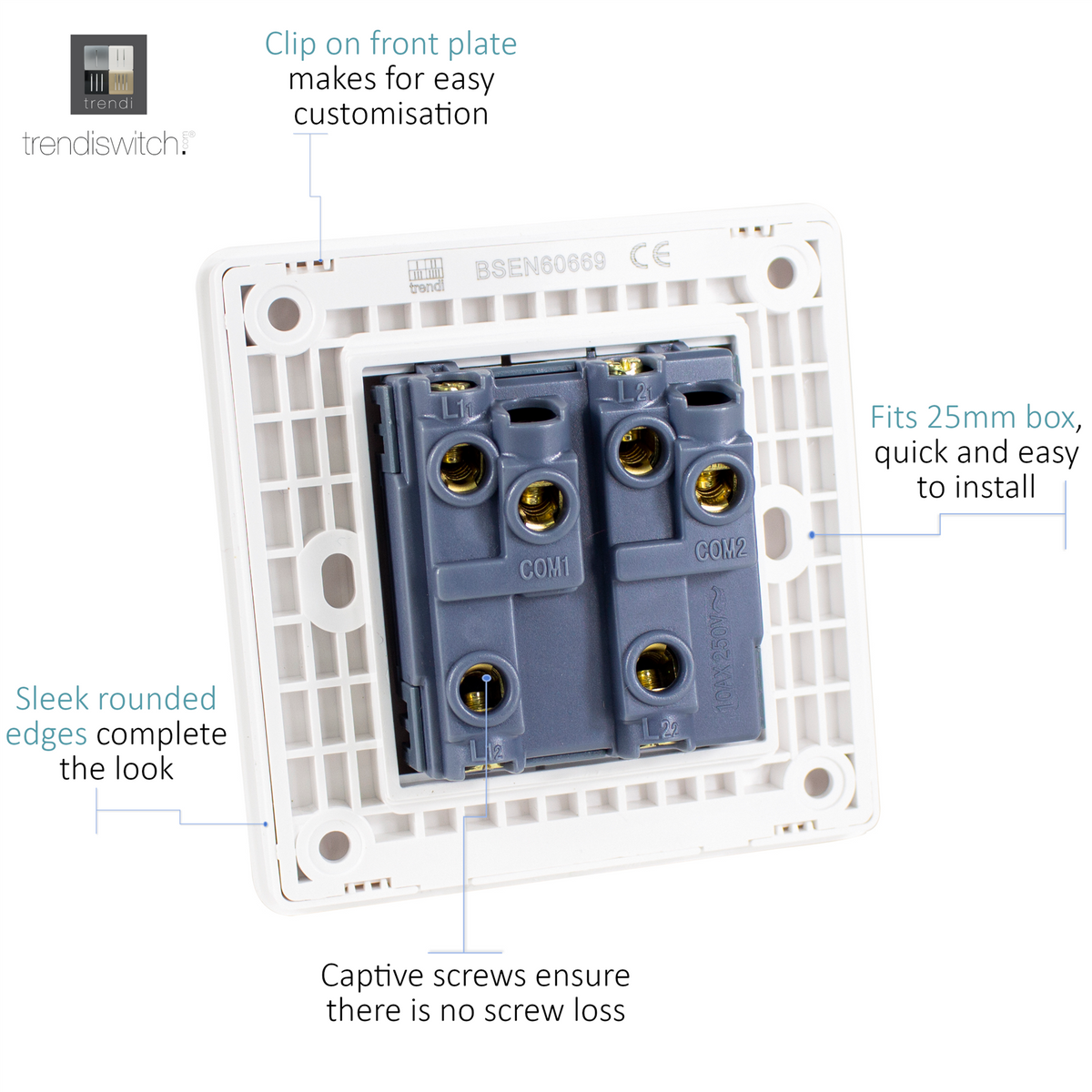 Trendi Trendi 2 Gang 2 Way 240V Screwless Raised Front Plate Plastic Artistic ...