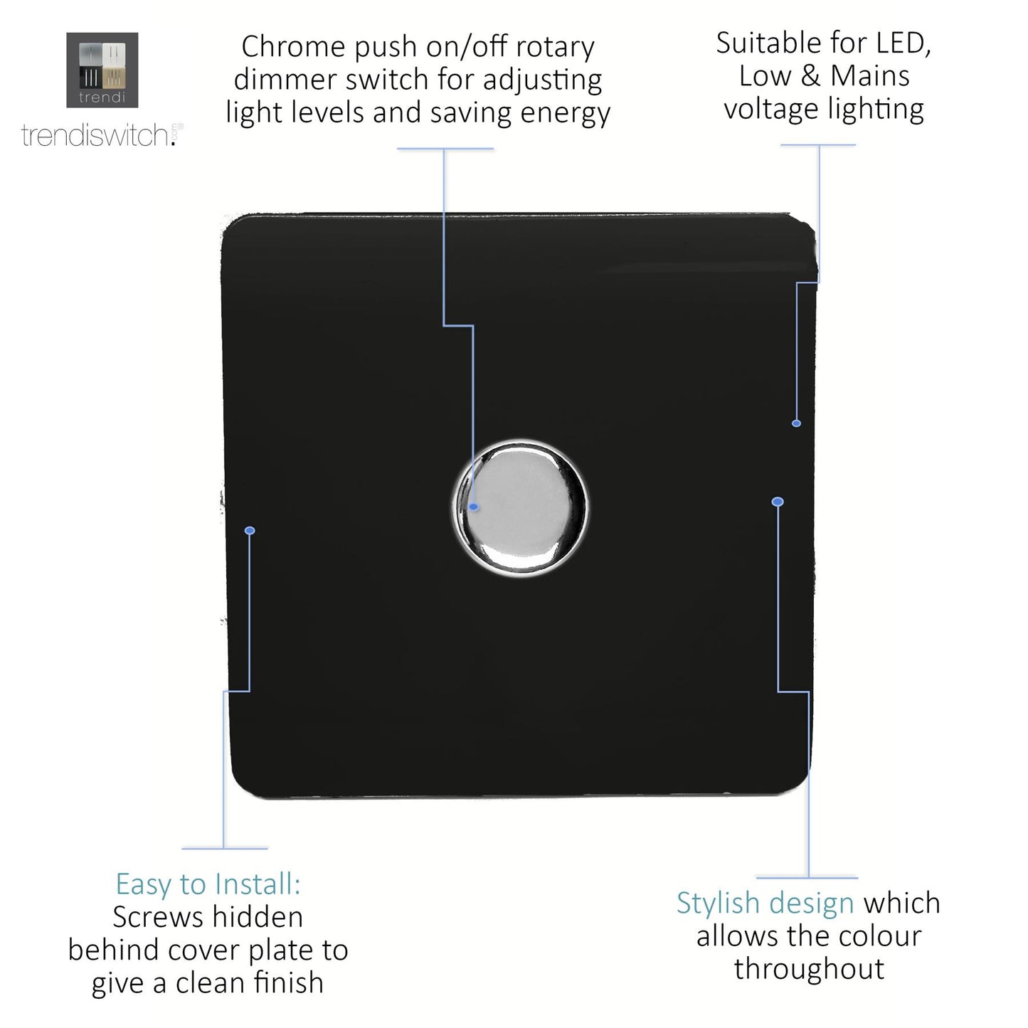 Trendi 1 Gang 2 Way 240V 150w LED Dimmer Screwless Raised Front Plate Plastic Artistic Modern Glossy 10 Amp Chrome Single Electrical Wall Light Switch in Piano Black - ART-LDMBK