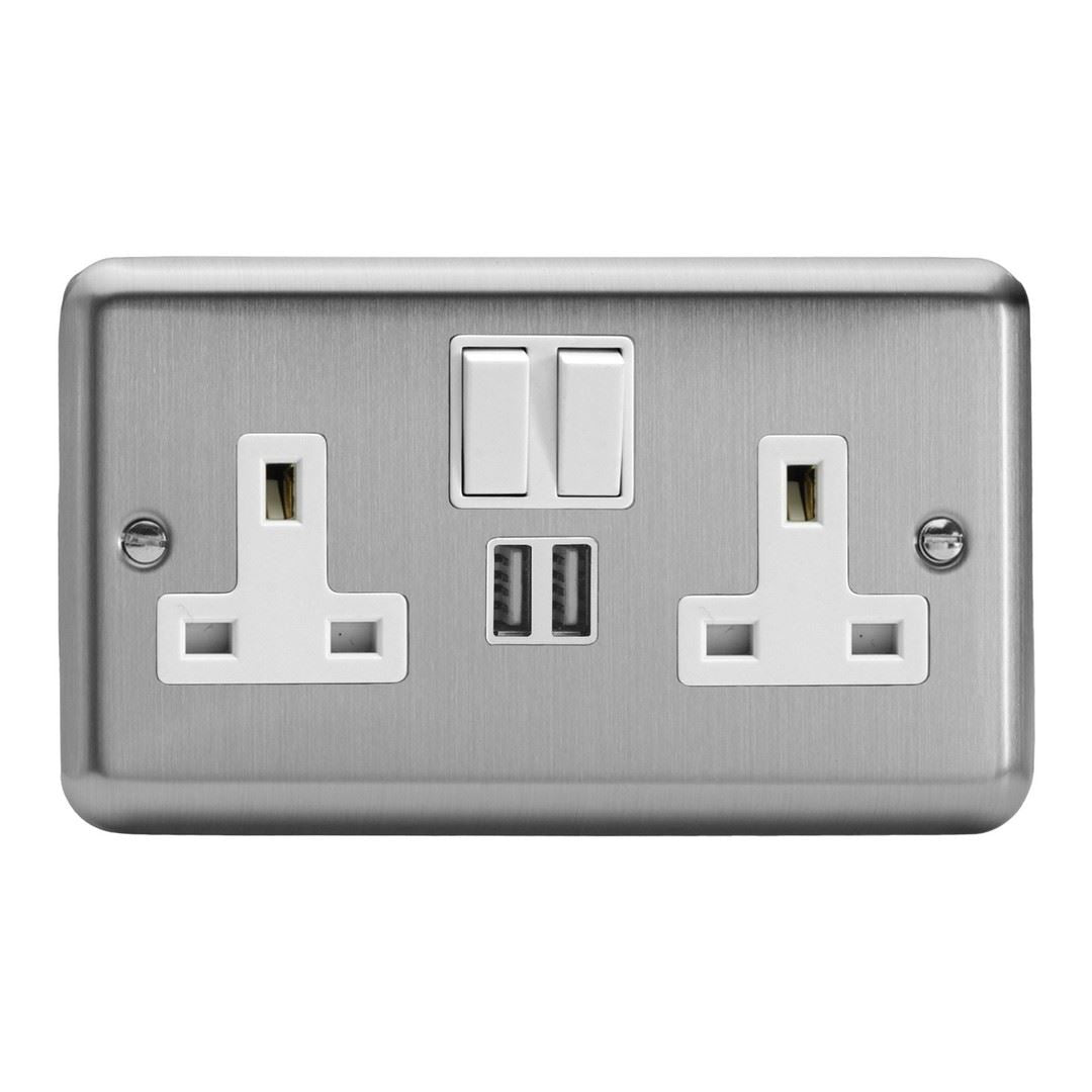 Varilight 2-Gang 13A Double Pole Switched Socket + 2 5V DC 2100mA USB Charging Ports Matt Chrome - XS5U2SW