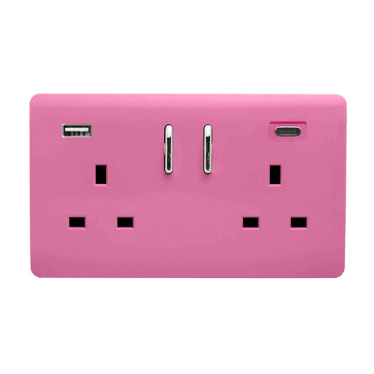 Trendi 2 Gang Artistic Modern Glossy 13 Amp 2 x Type A & C 3.1A USB Switched Plug Socket Candy Pink