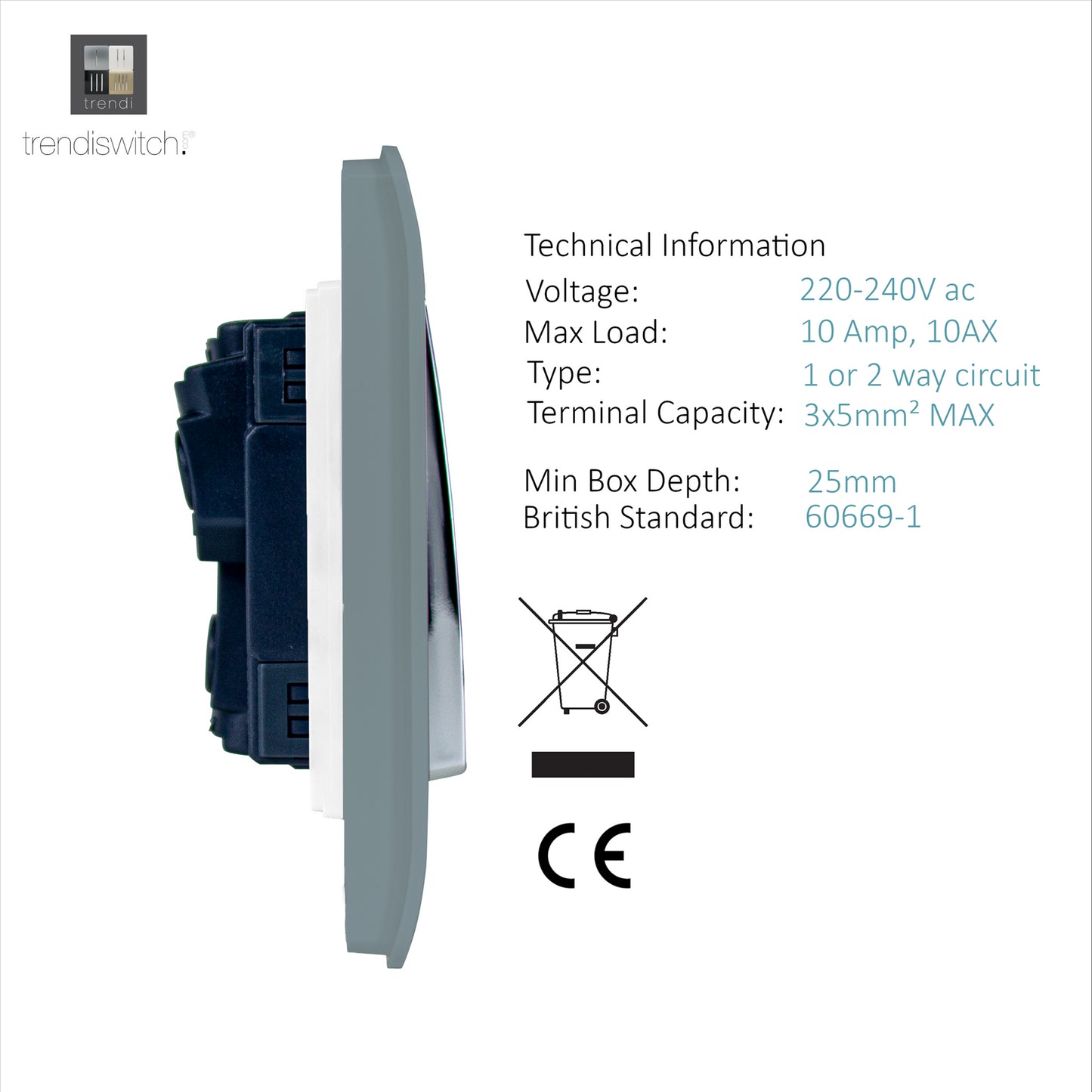 Trendi Artistic Modern Glossy 8 Gang 2 Way Rocker  Double Plate Tactile Light Switch Cool Grey