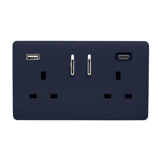 Trendi 2 Gang Artistic Modern Glossy 13 Amp 2 x Type A & C 3.1A USB Switched Plug Socket Navy Blue
