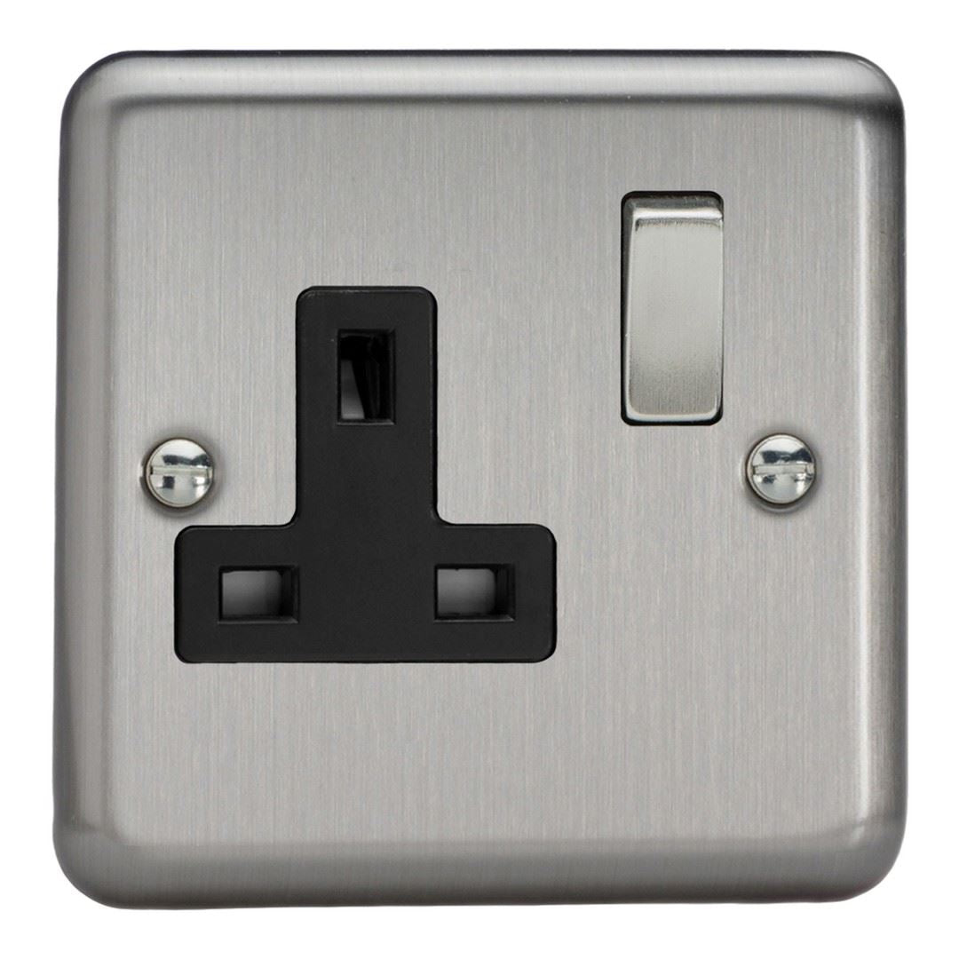 Varilight 1 Gang 13 Amp Switched Electrical Plug Socket Brushed Matt Chrome Dec Switch Black Insert XS4DB