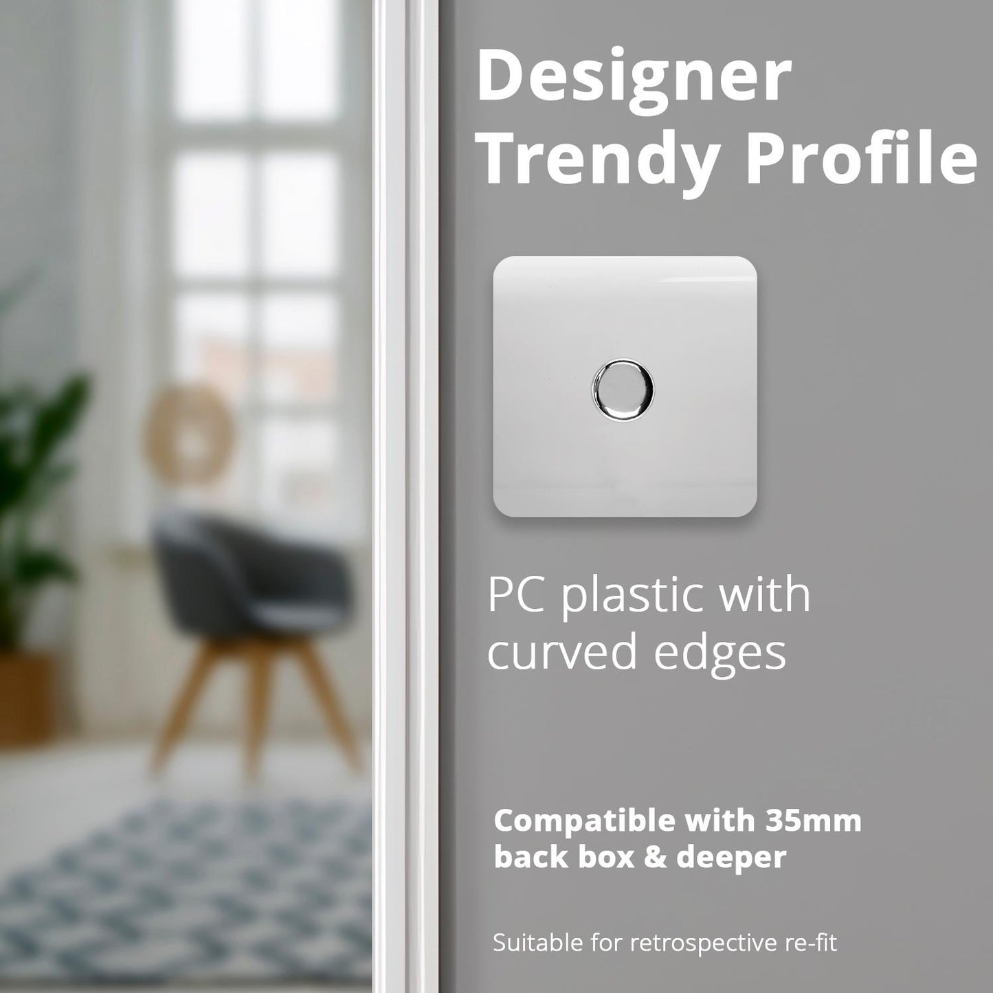 Trendi 1 Gang 2 Way 240V 100w LED Dimmer Screwless Raised Front Plate Plastic Artistic Modern Glossy 10 Amp Chrome Single Electrical Wall Light Switch in Ice White - ART-LDMWH