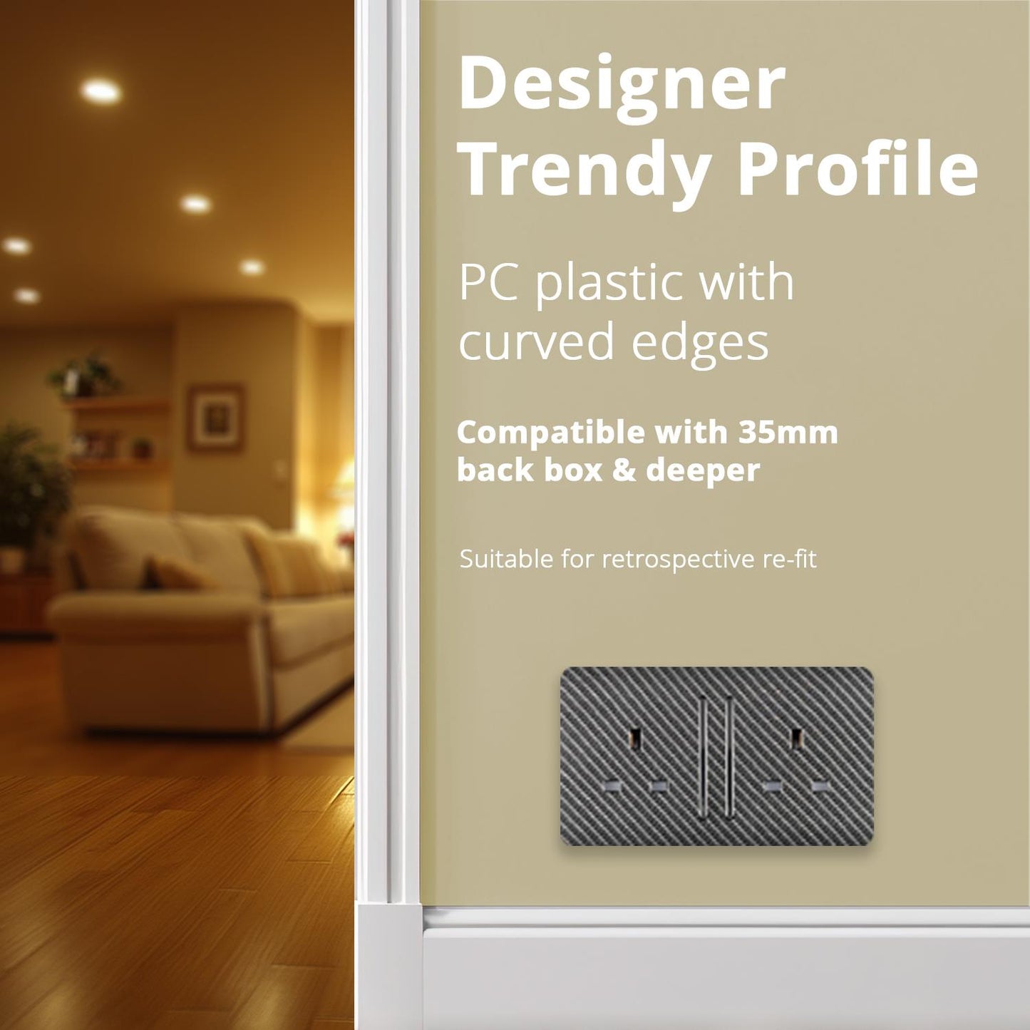 Trendi Switch 2 Gang Long Switched Modern Designer Plug Socket in Carbon Fibre