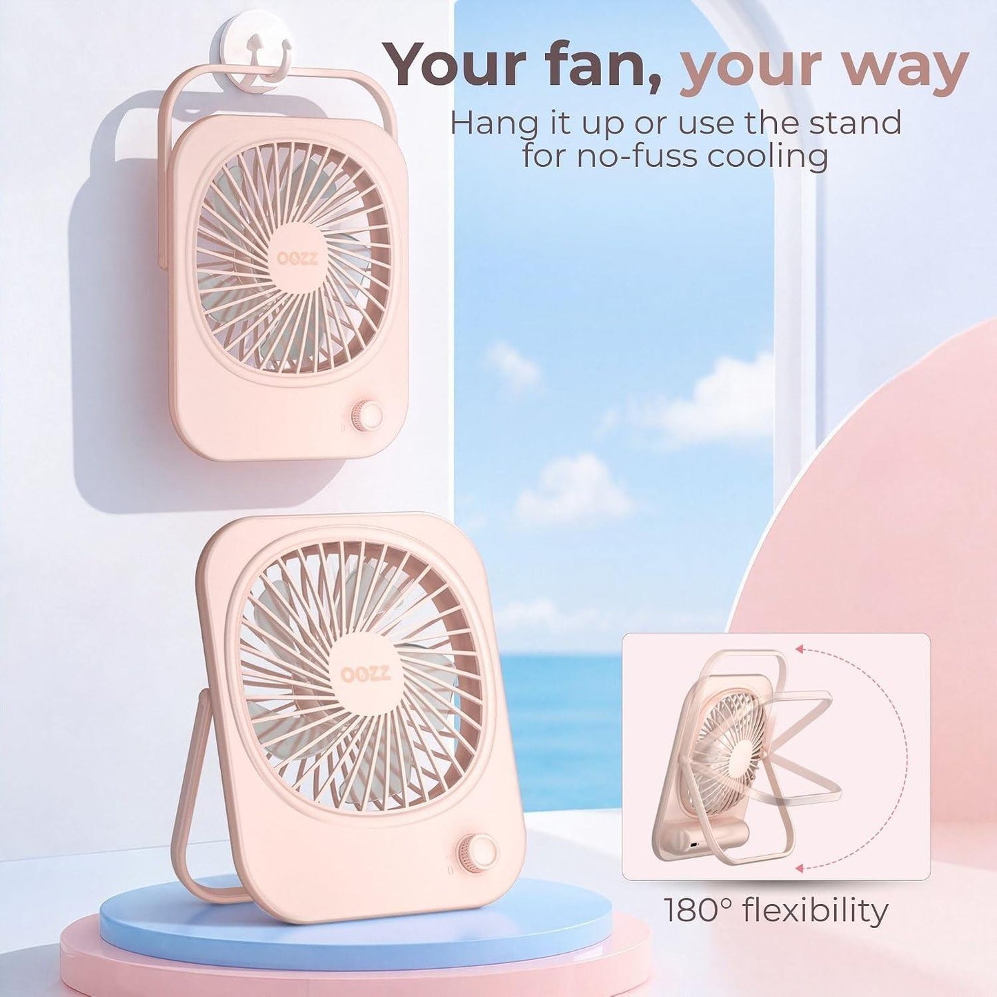 OOZZ Ultra-Slim Portable Desk Fan, Compact Personal Cooling Fan, Stepless Speed Control, USB-C Rechargeable Battery, Quiet Operation for Home & Office, OZ-4122 (Pink)