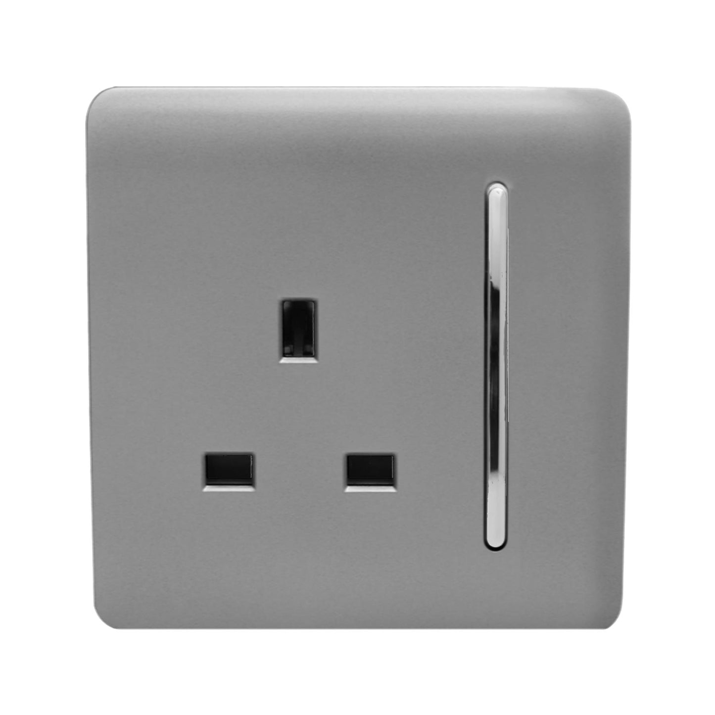Trendi 1 Gang Raised Artistic Modern Glossy Screwless 13 Amp Single Pole with Chrome Switched UK Standard Electrical Double Wall Plug Socket in Light Grey in ART-SKT13LG
