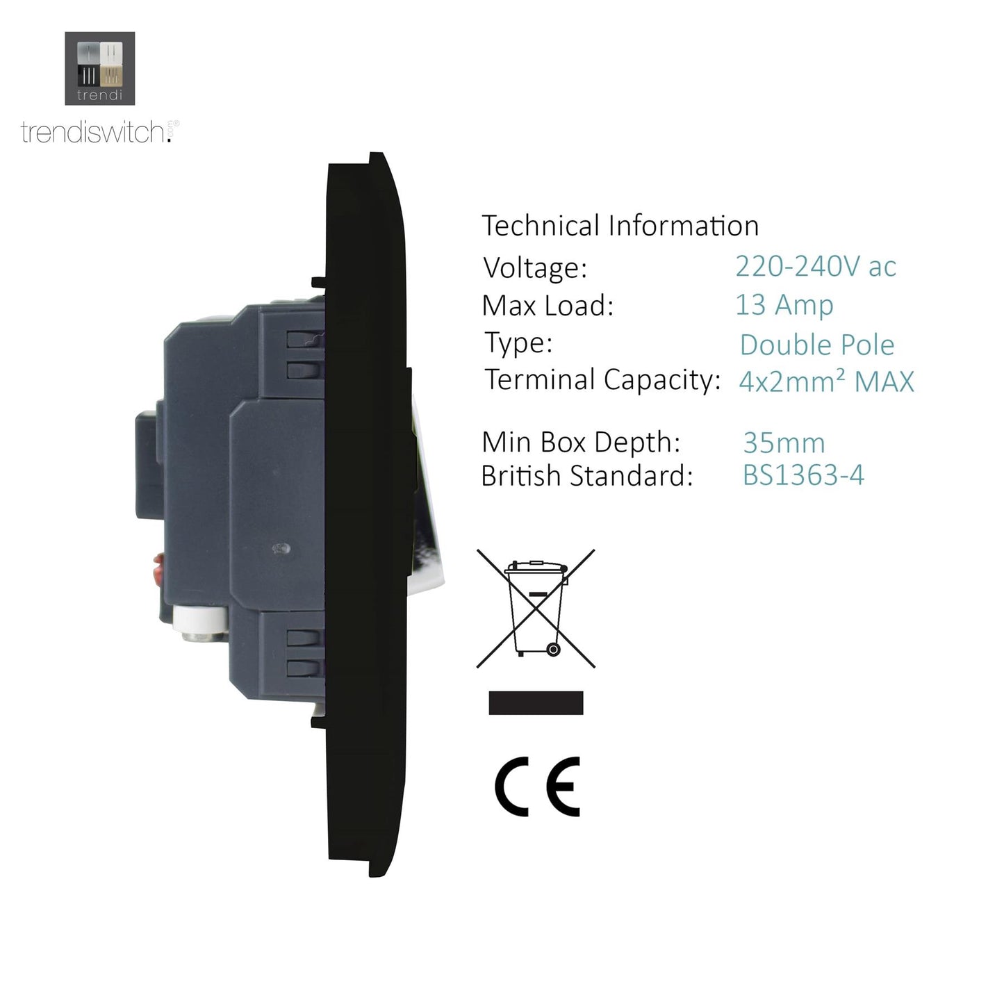 Trendi Switch Screwless Artistic Modern Glossy Tactile 230V Switched 13 A Single Fused Spur Connection Unit with Flex Outlet Chrome Rocker in Carbon Fibre