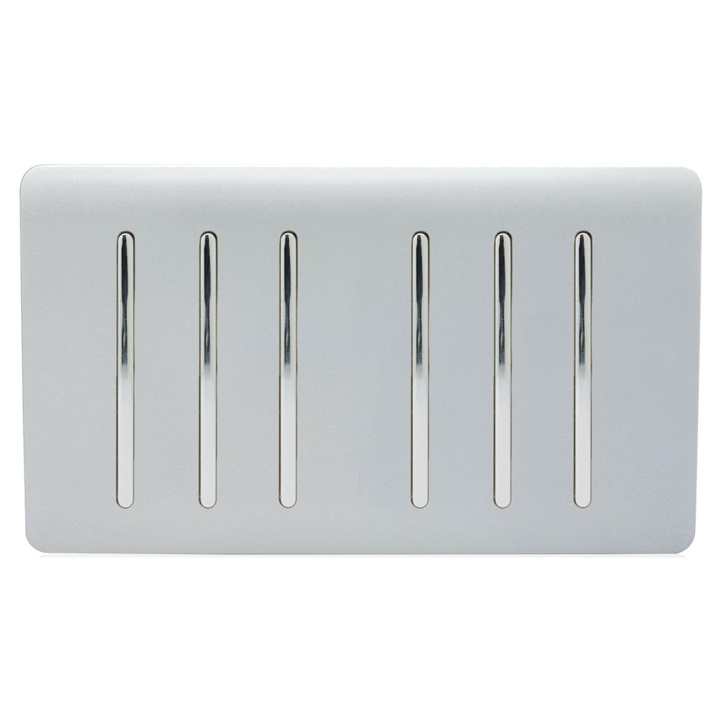 Trendi 6 Gang 2 way 240V Screwless Raised Front Twin Plate Plastic Artistic Modern Glossy 10 Amp Chrome Rocker Quad Electrical Wall Light Switch in Platinum Silver- ART-SS66SI